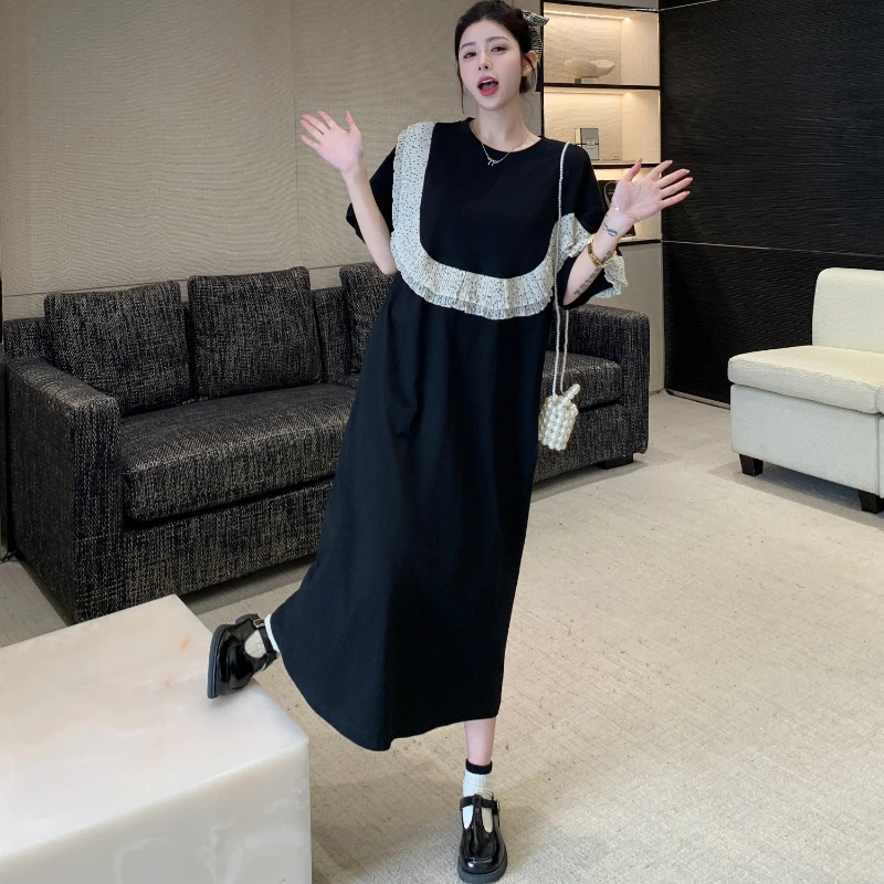 2025年夏新作 レディースワンピース ブラック パッチワーク Tシャツワンピース ゆったり 大きいサイズ フリル 女性用ローブ カジュアル レディースドレス KE60021