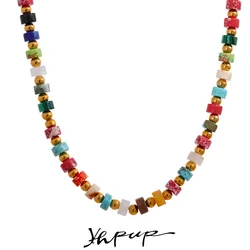 Yhpup Colorful Natural Stone Semi-precious Stainless Steel Beads Waterproof Handmade Necklace for Women Fashion Healing Jewelry