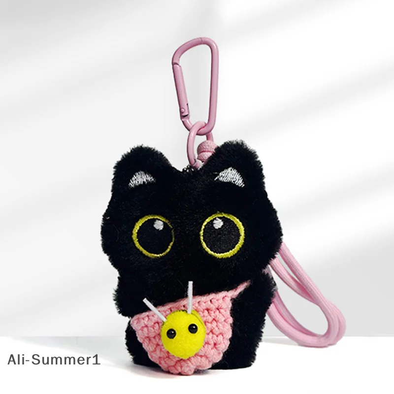 لطيف القطة السوداء المفاتيح قلادة على ظهره معلقة أفخم دمية كيتي الهاتف الخليوي حقيبة سحرية المفاتيح هالوين قلادة كيرينغ ديكور #4
