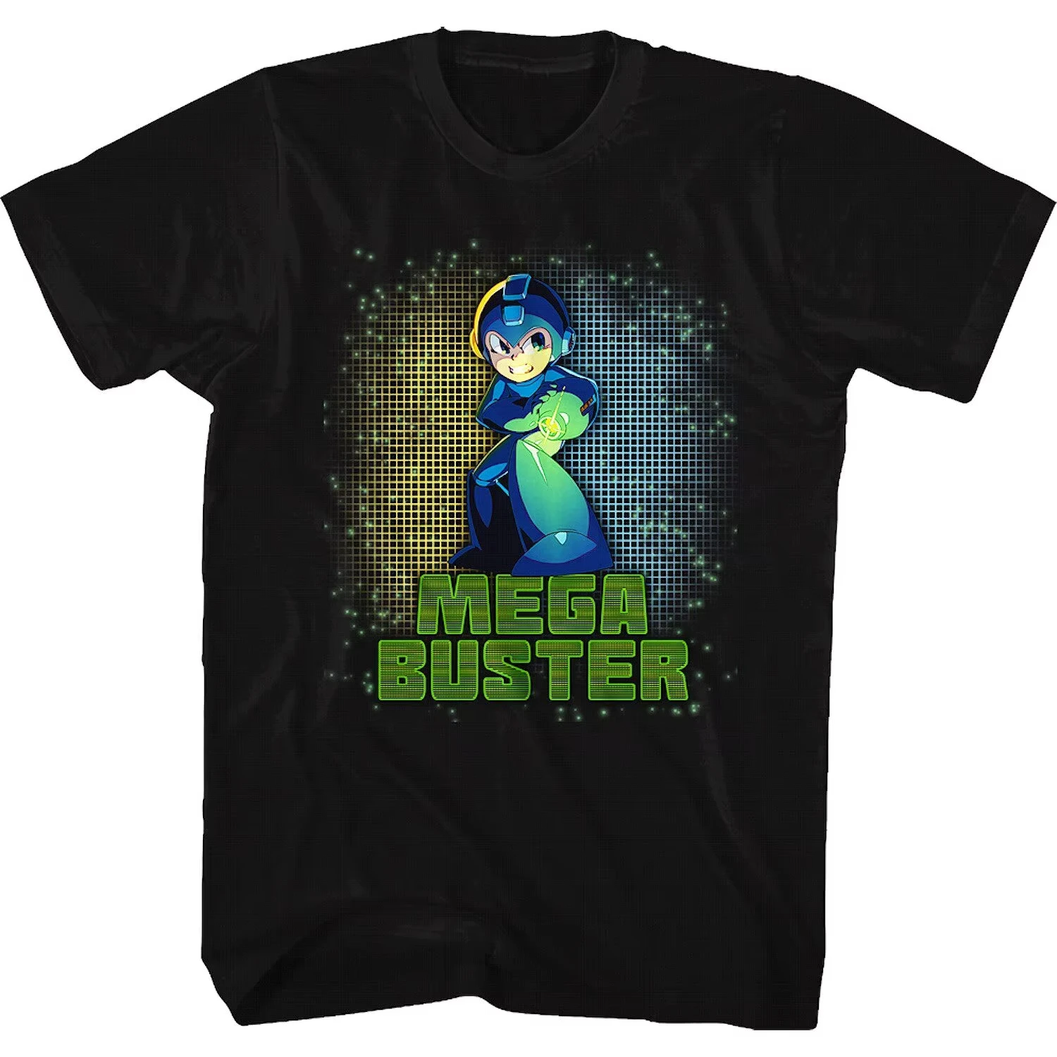 2026 Blue robot warrior character grid background green letter pattern suitable for both men and women short-sleeved T-shirt
