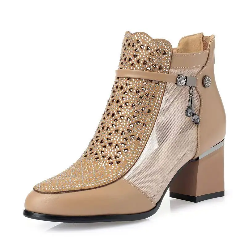 

Women's Genuine Leather Mesh Block Heel Cool Boots Spring Summer High Quality Round Toe Big Size Rhinestone High Heel Ankle Boot