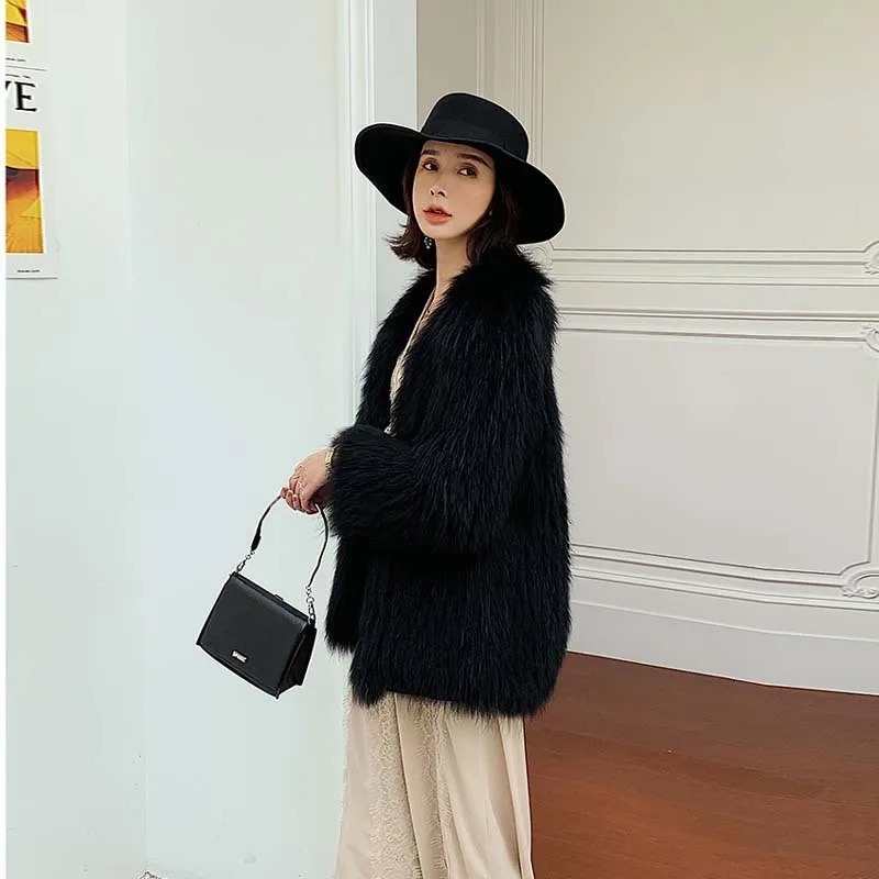 女性用ミドル丈ミックスファーコート、ファッショナブルでスリムなコットン裏地付き