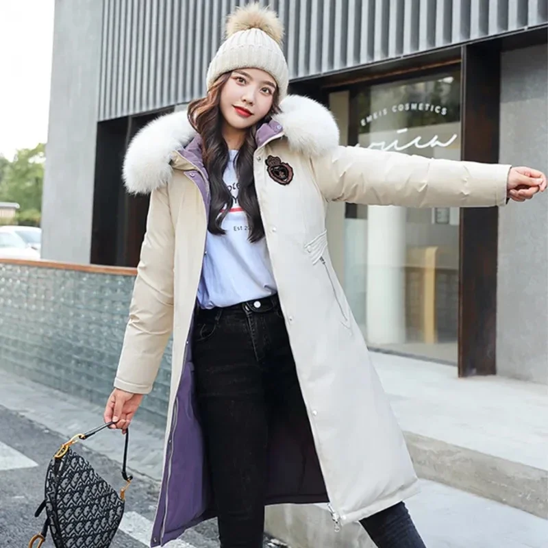 Fashion Winter Hooded Parkas Big Fur Collar Padded Long Down Cotton Jacket Warm Wear Both Sides Puffer Snow Overcoat R188