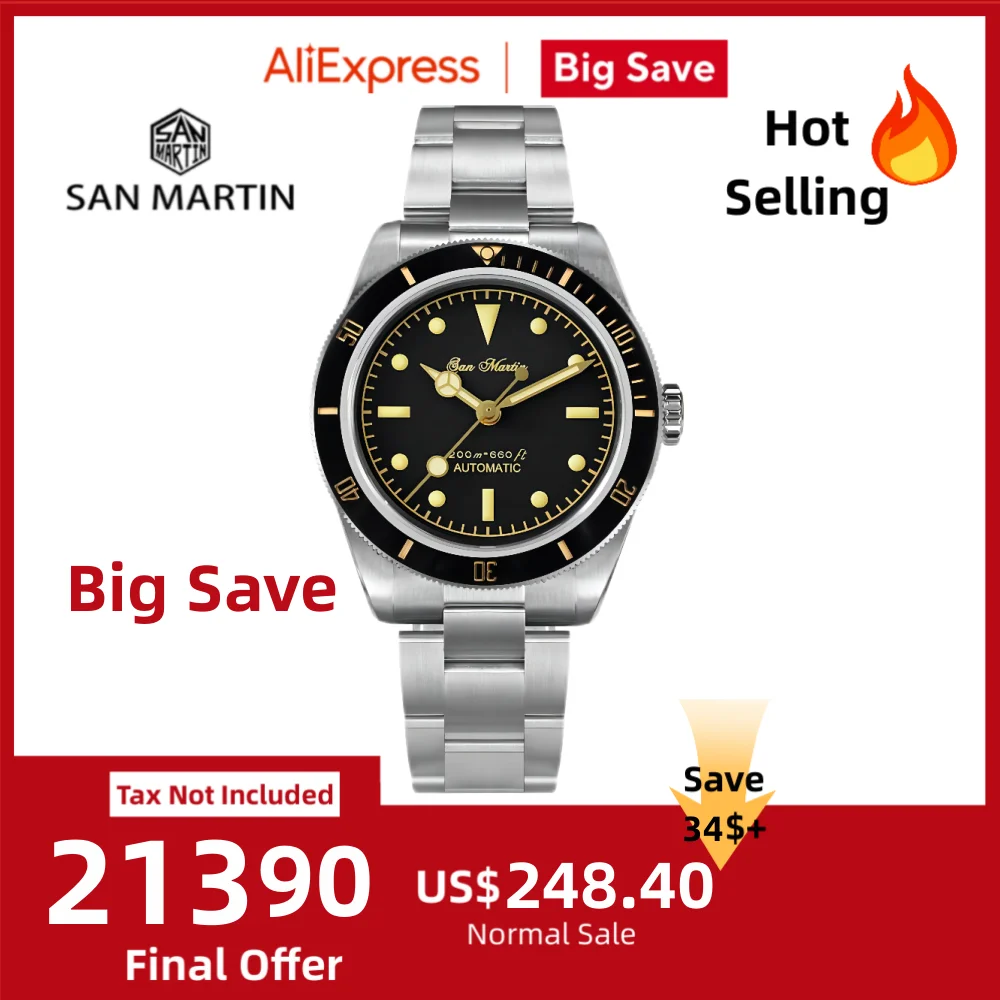 San Martin 38mm 6200 Diver Watch For Men Timepiece NH35 Automatic On The Fly Adjust Clasp Sapphire BGW-9 Luminous 20Bar SN0004GA