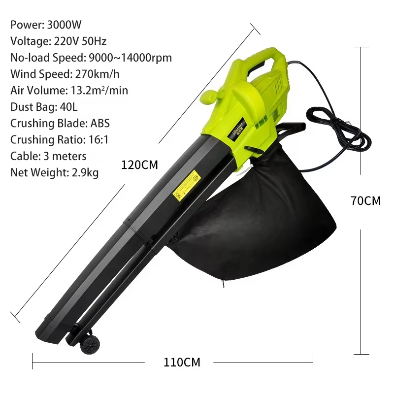 portable 3000W 3-in-1 Electric Backpack Vacuum Cleaner Dust Bag Leaf Blower Crushing Wheel for Lawn Yard Garden Street Care 40L