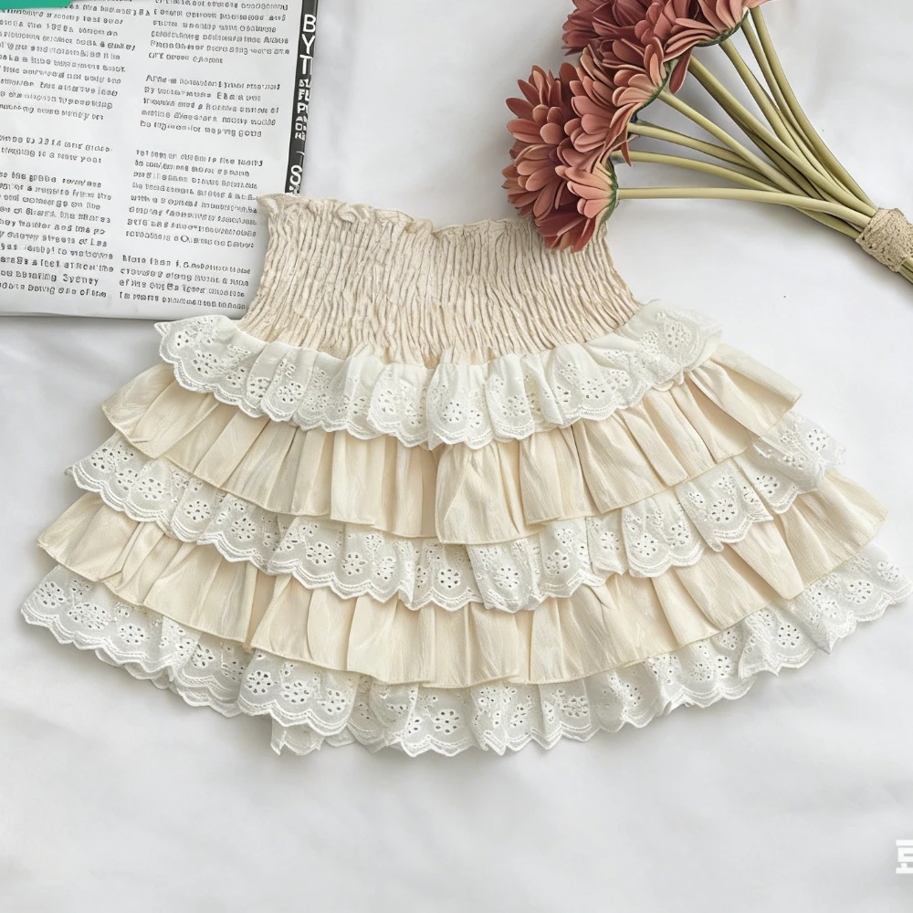 High Quality Tiered Ruffle Mini Skirt Lace Trim High Waist Elastic Waist Sweet Lolita Skirt Sweet Girls Lovely Ball Gown Summer