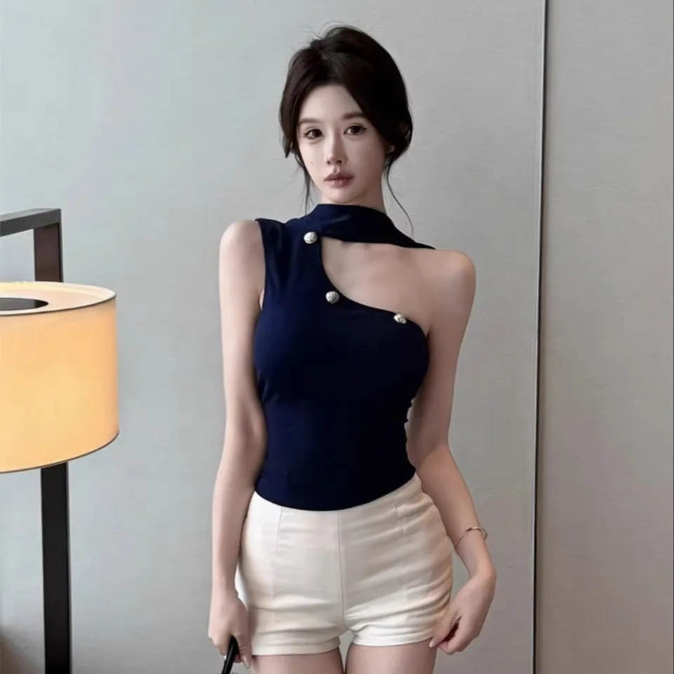 Spicy Girl Style Shoulder Bared Neckline Vest Women's Slim Fit Top with Fixed Strap And Chest Pad Versatile Short Cotton Blend