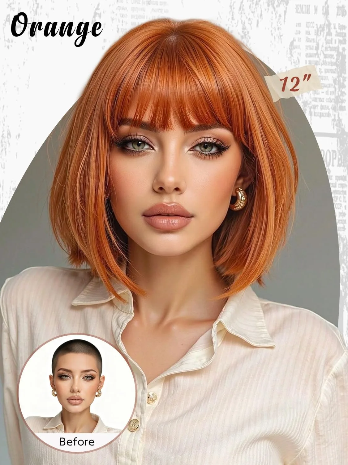 Orange Bob Hairstyle Synthetic Wig - Halloween Cosplay Costume Wig - Daily Party High-Temperature Synthetic Hair Cap
