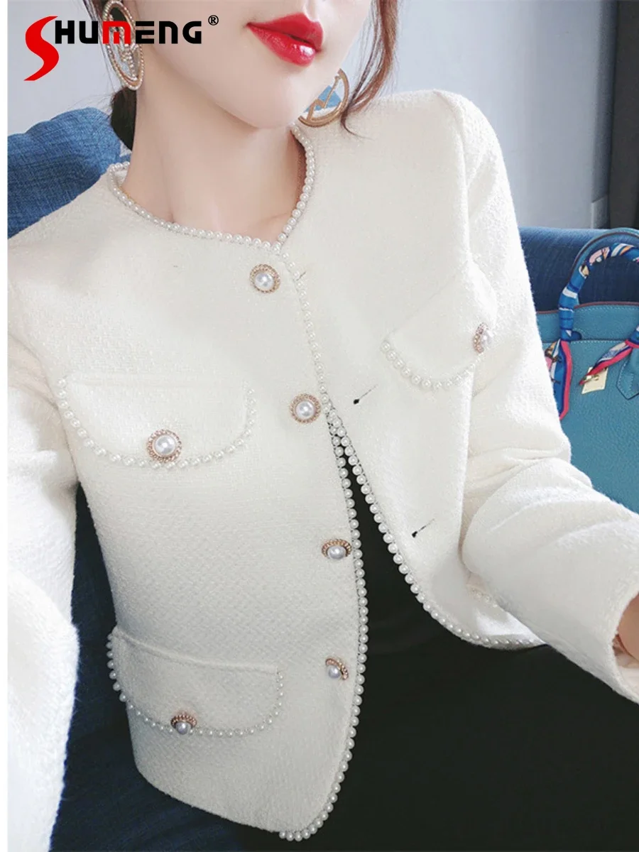 

Korean Chic Beaded White Woolen Coat for Women 2020 Spring Autumn New High-End Temperament Casual Long Sleeve Short Tweed Jacket