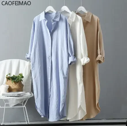

Caofeimao Long White Shirt Dress for Women Linen Cotton 2025 Spring Summer Casual Korean Clothing Vintage Loose Fit