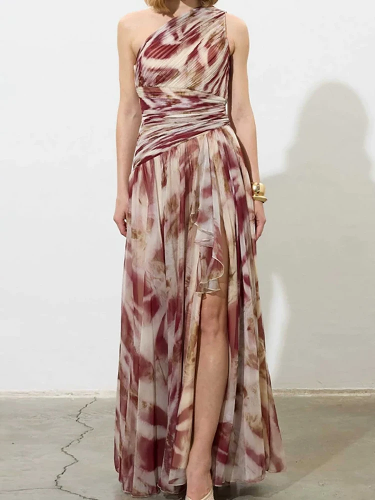 Women Sexy Skew Collar High Waist Maxi Dress Bohemian Retro Print Ruffles Split Long Dress Summer One-shoulder Loose Party Dress