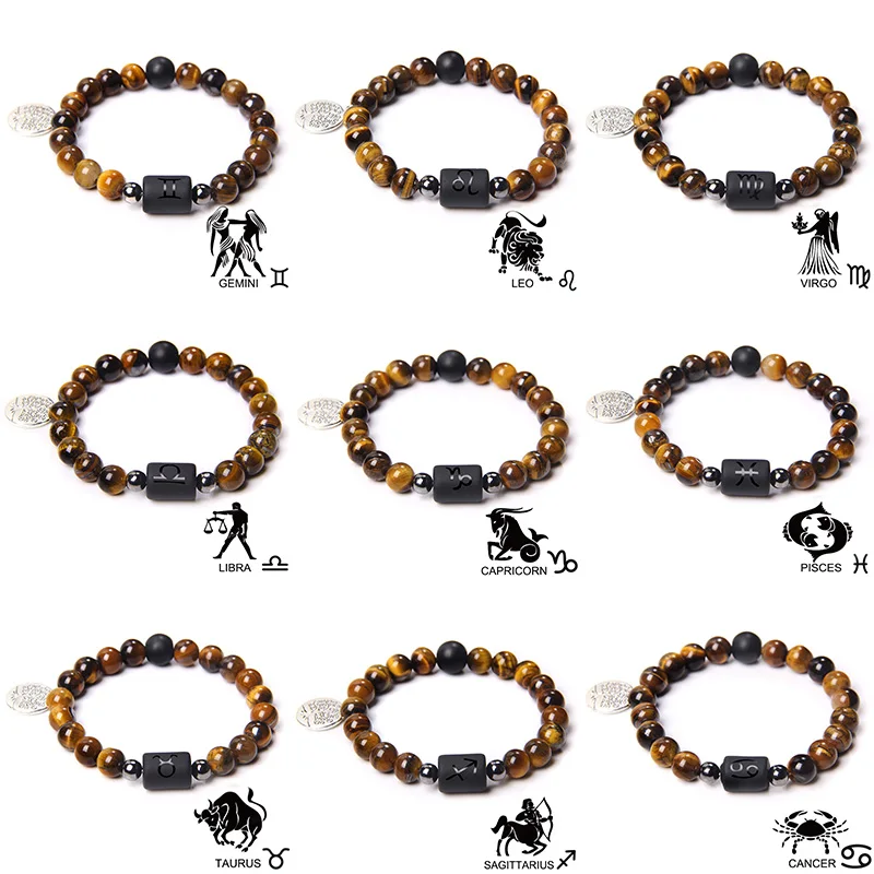 12 Sternzeichen Sternbild Charme Armband Männer Naturstein Tigerauge Leben von Baum Charme Glück elastische Armbänder Schmuck Geschenk