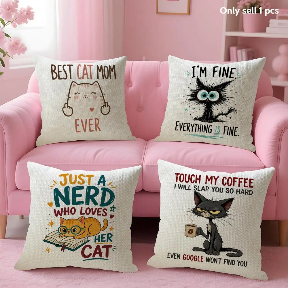 Cat and Book Cushion Cover Linen Organic Fabric Double-Sided Printing Sofa Breathable Home Decor Gift Pillow Case