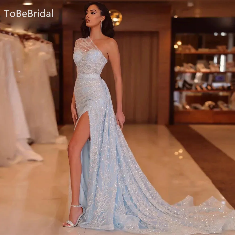 Elegant Light Blue One Shoulder Prom Dresses With Sparkling Mermaid Side Slim Fit Formal Party Dress Luxury Evening Dress 2024