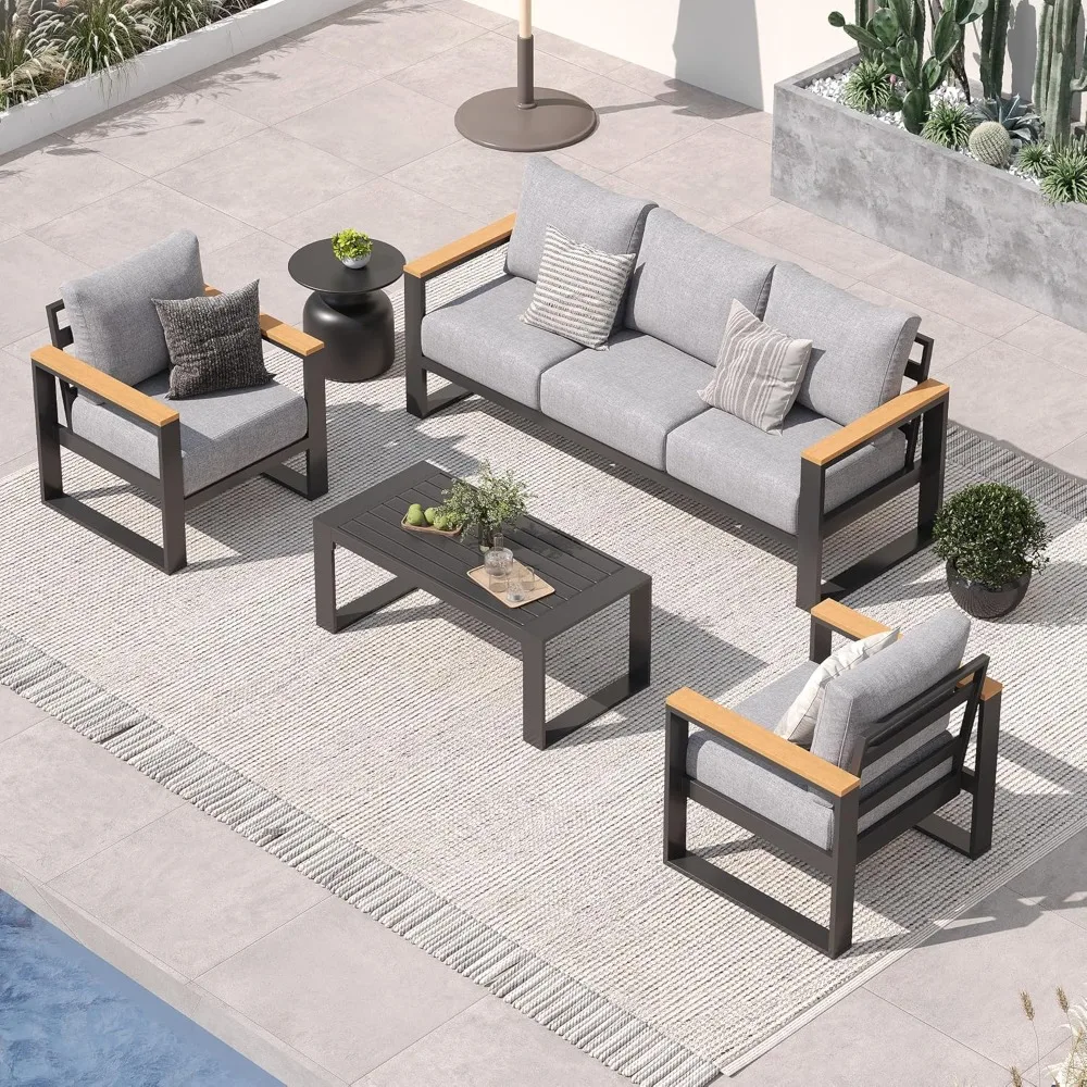 

Aluminum Patio Furniture Set, 4 Piece Modern Outdoor Furniture with 6 inch Cushions, Metal Patio Sectional Conversation Sets