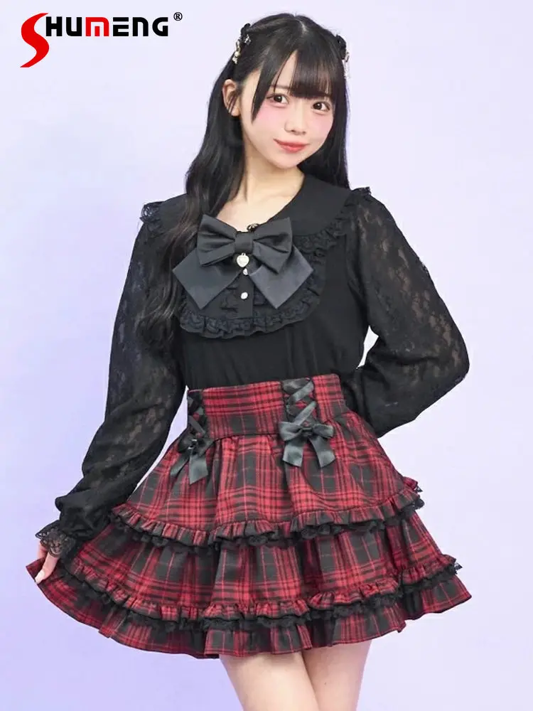 

Весенняя женская блузка в японском стиле 2026 года: кружевная, с длинными рукавами, воротником-куклой и ушками кролика, универсальная, в стиле Лолита