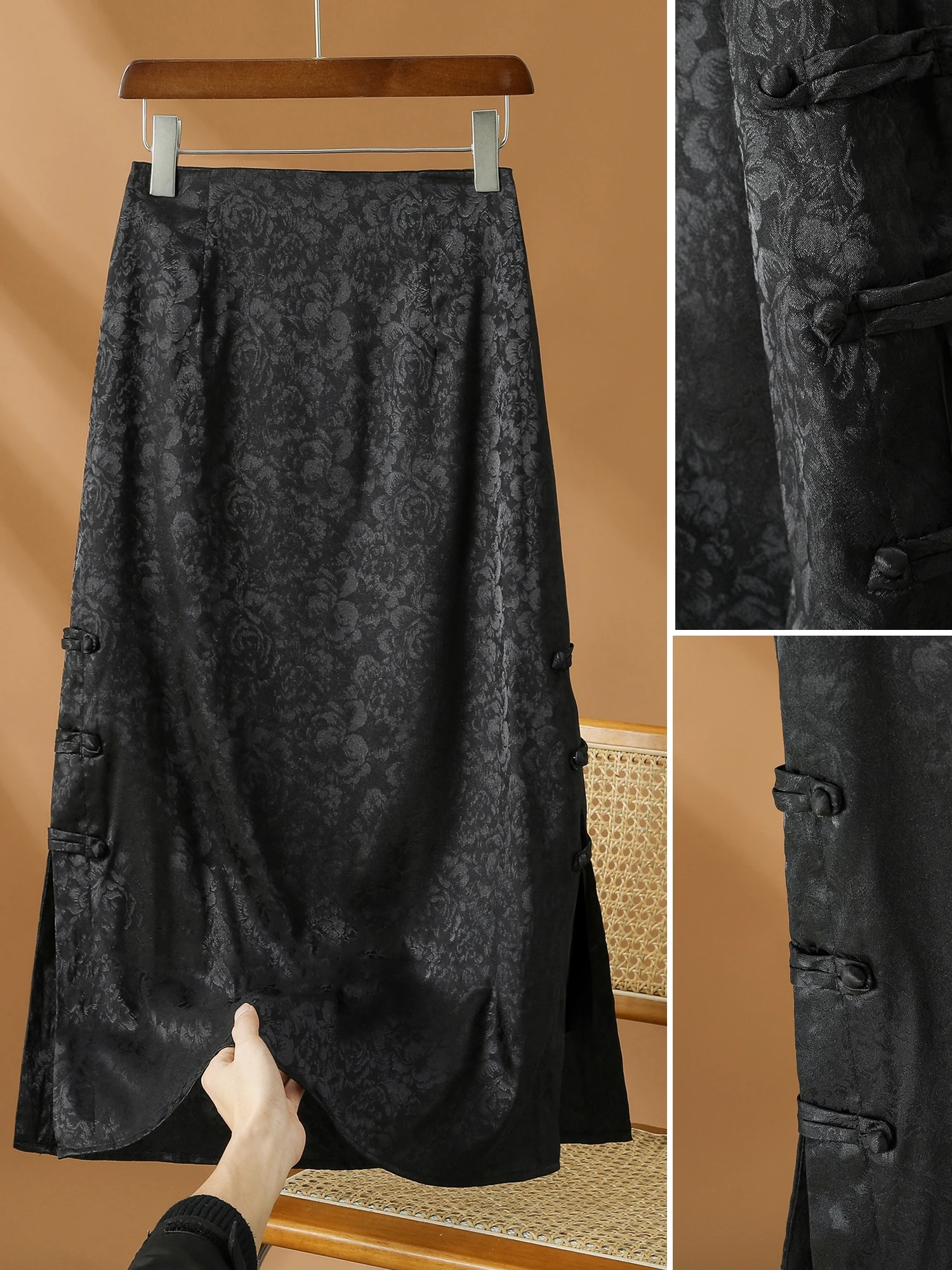 Nieuwe Chinese Sle Nationale Trend Acetaat Satijn f Rok Dames Lente Zomer Ontwerp Knop Hoge Taille Afslanken Halflange...