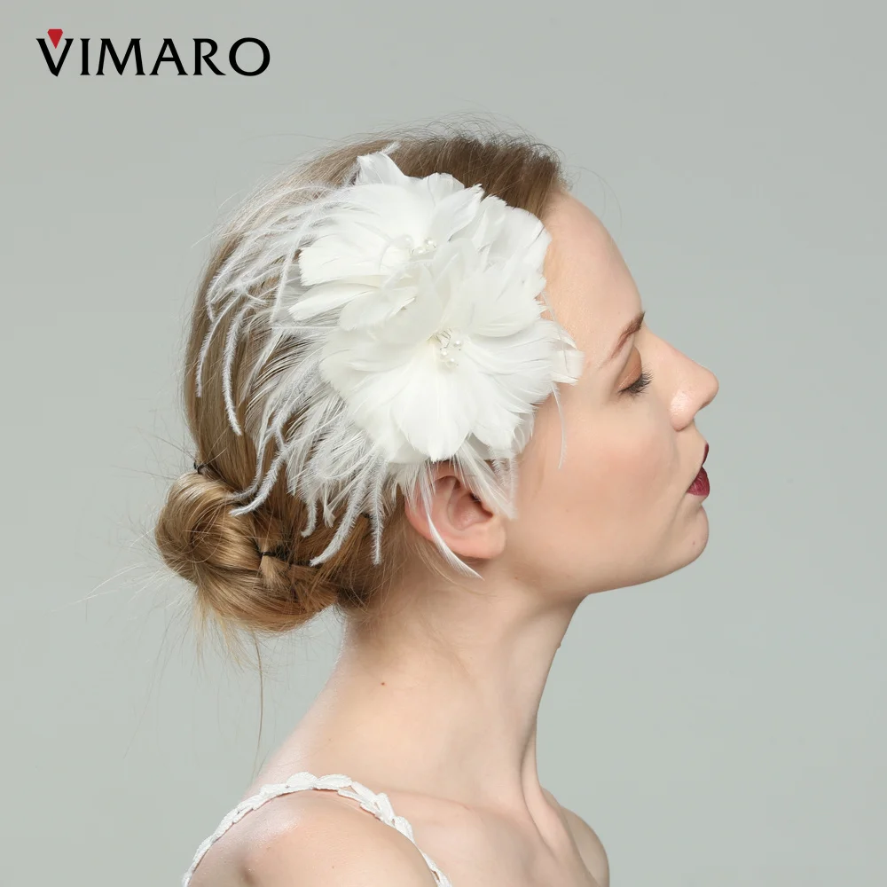 VIMARO Ivory/Green Feather Fascinators for Women Elegant Fasinator Hat for Wedding Chapeau Mariage Hair Accessories Wedding