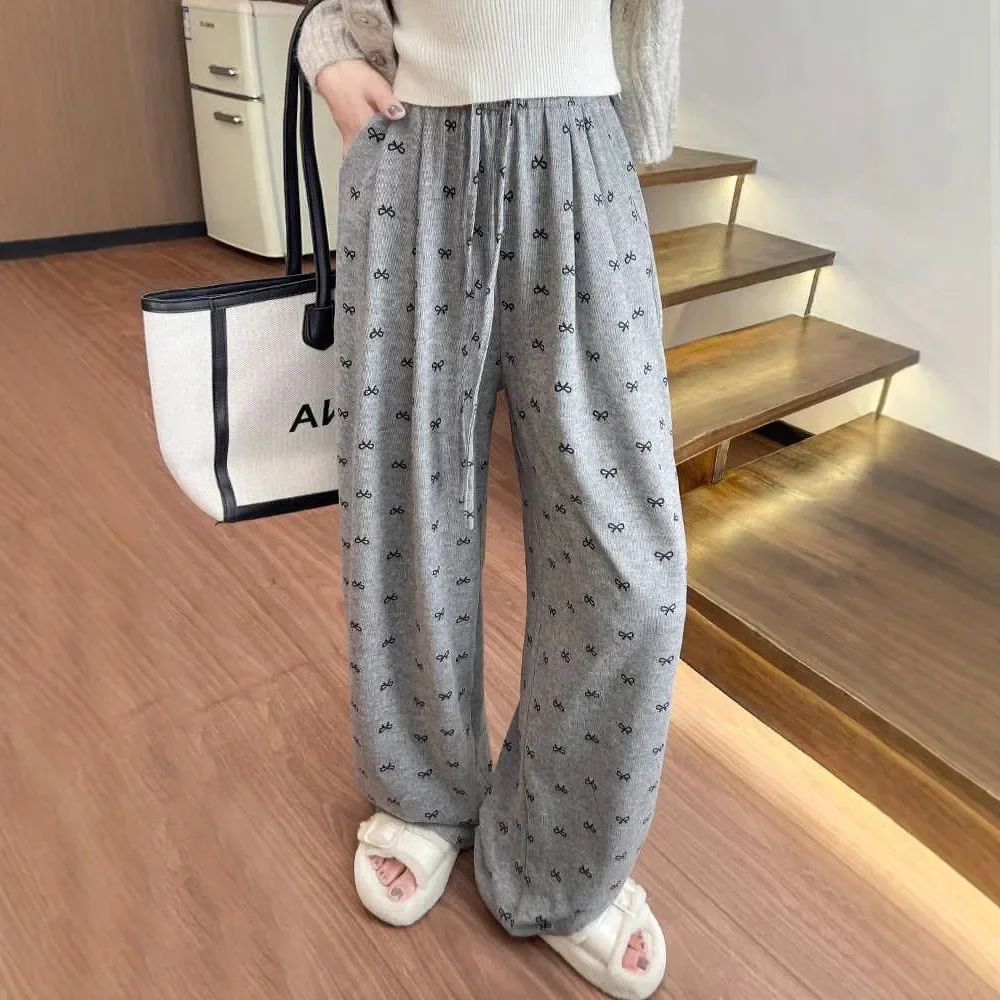 دقيق الشوفان فراشة عقدة الدبق السراويل النسائية ربيع الخريف عالية الخصر ثنى عادية كسول لينة واسعة الساق بنطلون