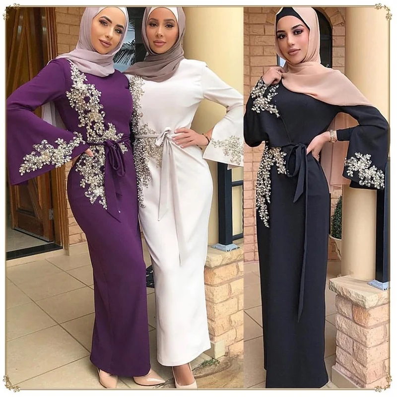 Abayat de Ramadan pour femmes musulmanes, couleur unie, brodé, dubaï, Slim fit, ceinture, sangle de cravate