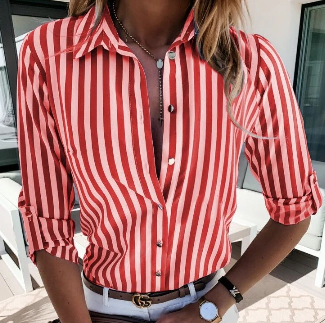 Women's Autumn New Wanxiu Button Stripe Printed Women's Shirt Loose and Versatile Women's Clothing Elegant and Personalized