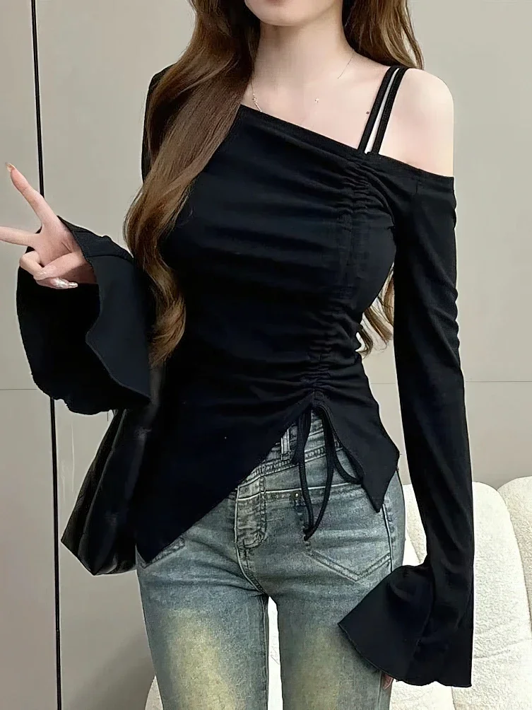 Sweet Sexy Drawstring Ribbon White Off Shoulder Top Women Basic Long Sleeve Body T-Shirt Elegant Flare Sleeve Lady Tees Pulovers