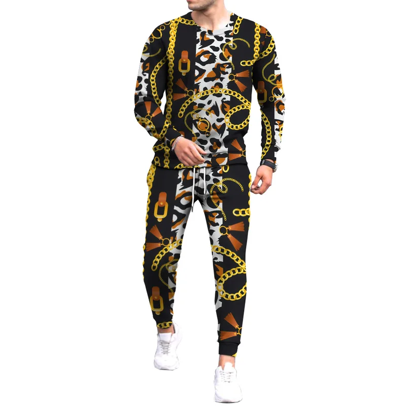 Men Luxury Vintage Baroque Style Tracksuit Gold Floral Chain Animal Leopard Tiger Printed Clothes Suit Sweatshirt Pants 2pcs Set