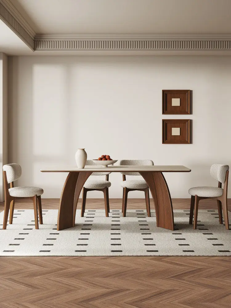 Solid wood travertine rock slab dining table chairs modern simple walnut color small apartment household dining table