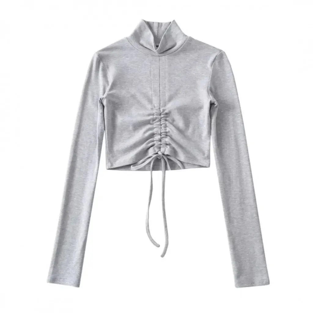 

Женская осенняя мода, короткий топ с узкой талией, европейско-американский стиль, полуводолазка, плиссированная футболка с длинным рукавом