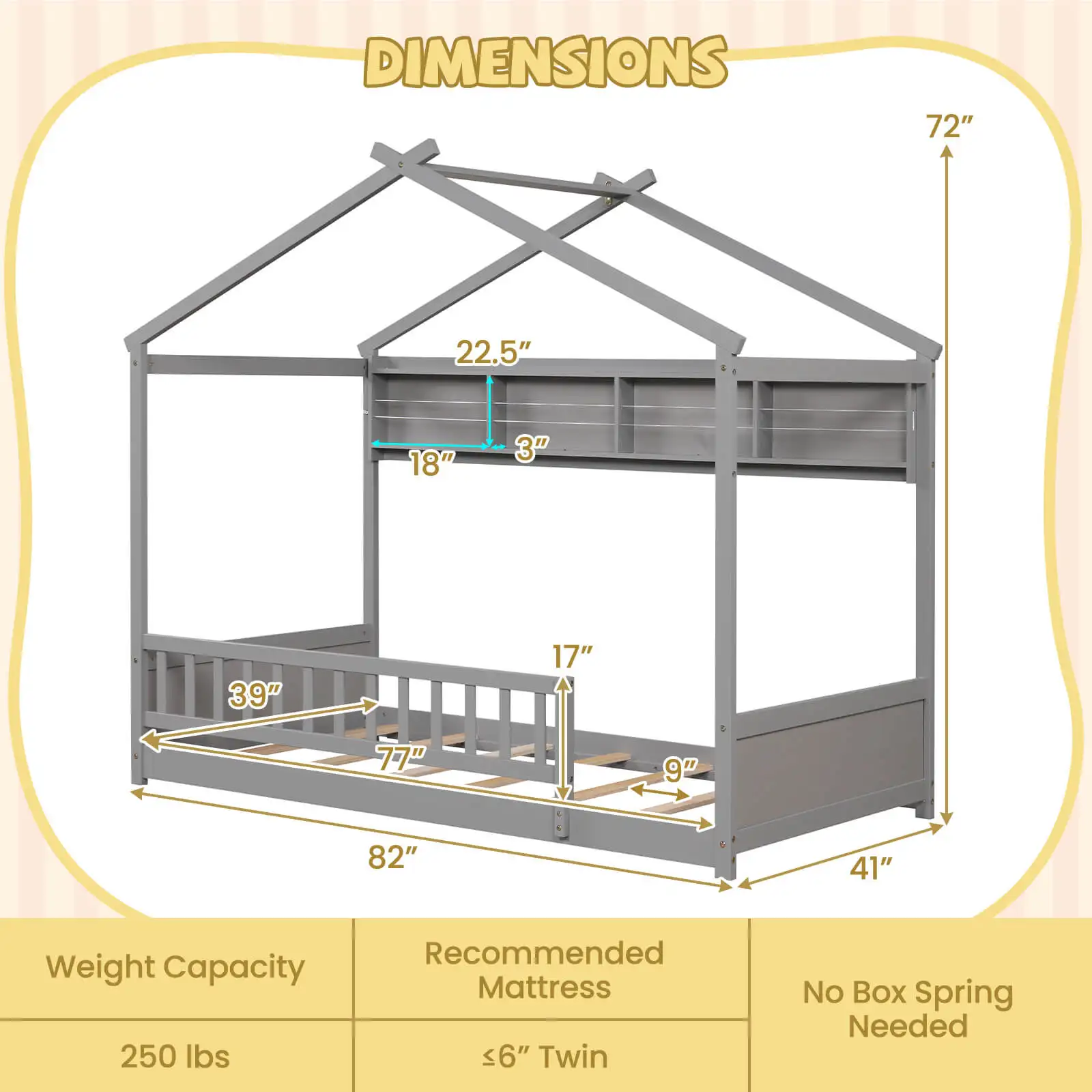Twin Size House Bed w/Storage Shelf Headboard & Guardrail Wooden Slat Support