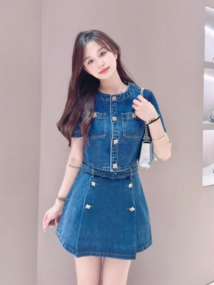 

Ретро винтажная джинсовая юбка и комплект irt, модная сложенная юбка трапециевидной формы Agel, женский костюм из смеси хлопка на пуговицах