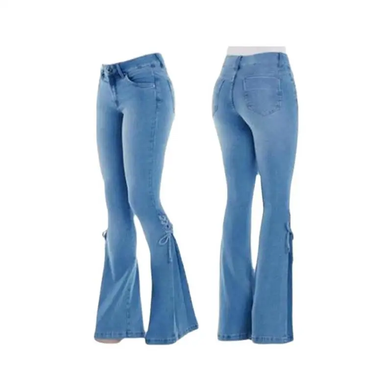 Celana Jeans Wanita Slim Fit Pinggang Sedang Elastis Model Ikat Ukuran Besar Plus Size Model Bell Bot Hangat Musim Gugur Musim Semi