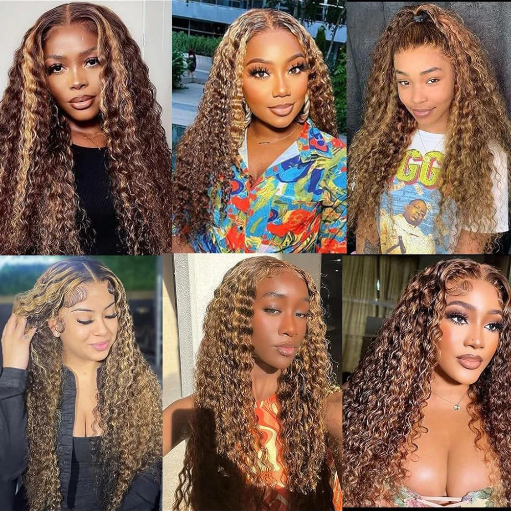 Peruca de cabelo humano encaracolado profundo Glueless, HD Lace Frontal Wig, Honey Blonde Destaque Encerramento Peruca, 13x4 Lace Front Perucas, 4x4