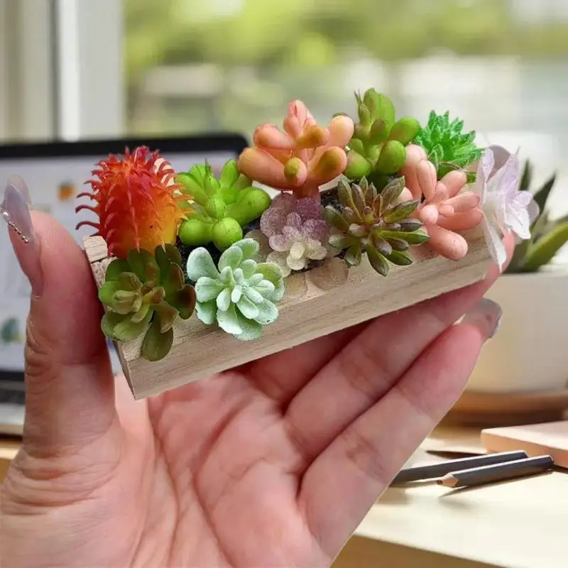 

Unique Miniature Dollhouse Succulent Plant in Wooden Trough Accessory; Pretend Play Green Plant in Pot Décor for Dollhouses