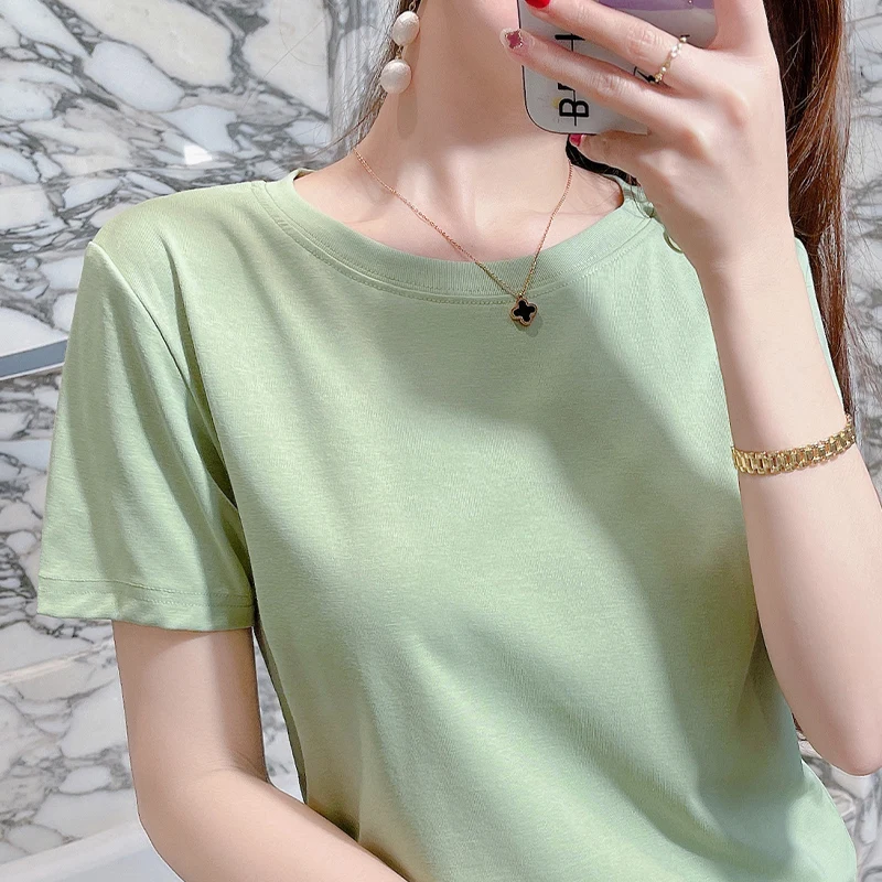 

ort Sve round Ne Pure Color Cotton T-irt Women's Summer Thin Korean Sle Versatile Light Purple Top Faionable Com...