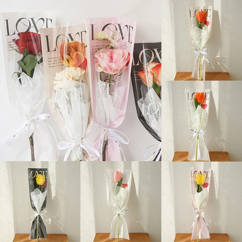 20pcs LOVE Transparent Rose Packaging Bags Flower Bouquet Plastic Bag Bouquet Wrapping Paper One Straight Bag Flower Packaging