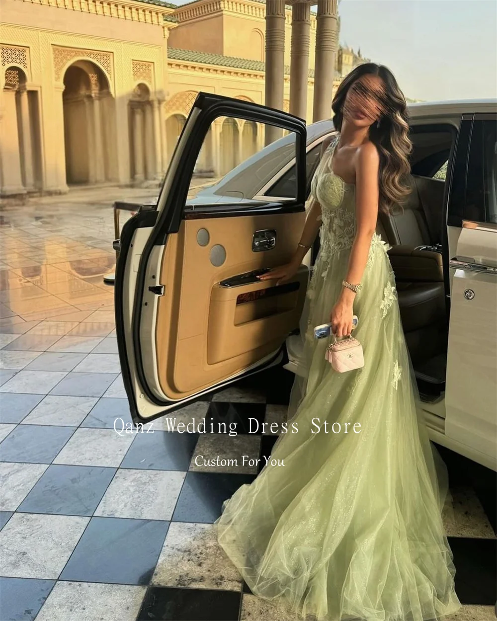 Qanz Sage Green Prom Dresses Lace Appliques Dubai One Shoulder Slit Long Formal Customized Special Occasion Evening Dress