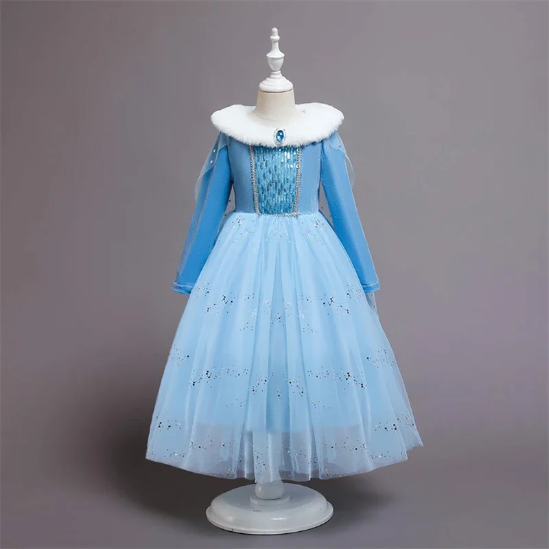 Girls Christmas dress for kids Sapphire cosplay costume children winter warm fur collar dress elegant blue sequins party outfit