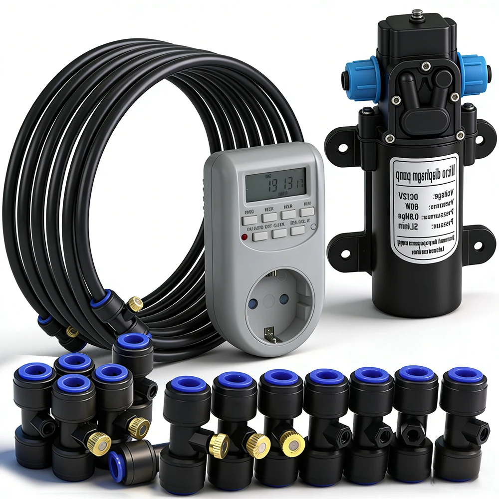 

Комплект для автоматического распыления и охлаждения растений: латунная форсунка 0,7 мм, самовсасывающий насос 60 Вт, система таймерного распыления для сада и фермы