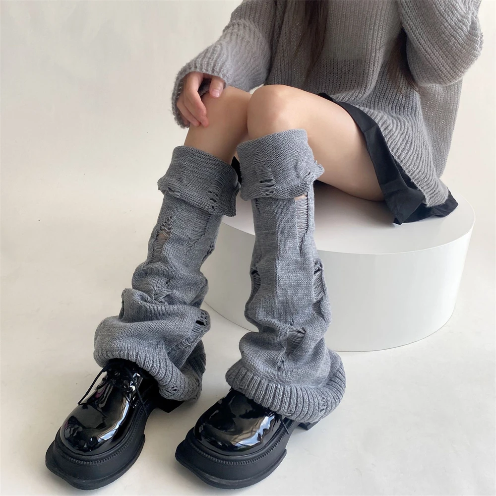 Süße Persönlichkeit Gestrickte Ripped Pile Socken Abdeckung Weibliche Herbst Winter Warme JK Breite bein Leggings Japanische Y2K Lolita Bein wärmer