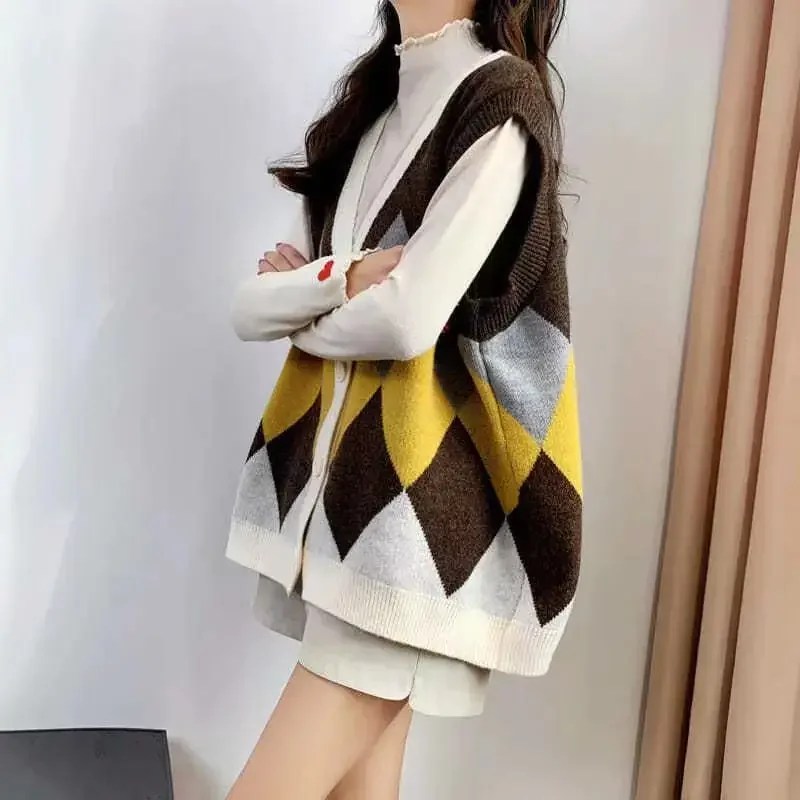 Korean Style Clothing Waistcoat Autumn Winter Lady Sweaters Cardigan Wool Vintage Formal New In Warm Jumper Knit Vests for Women