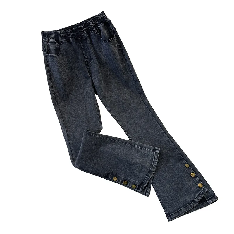 Calça jeans feminina cintura alta casual solta versátil cor sólida tamanho grande jeans elegante botão dividido calças largas