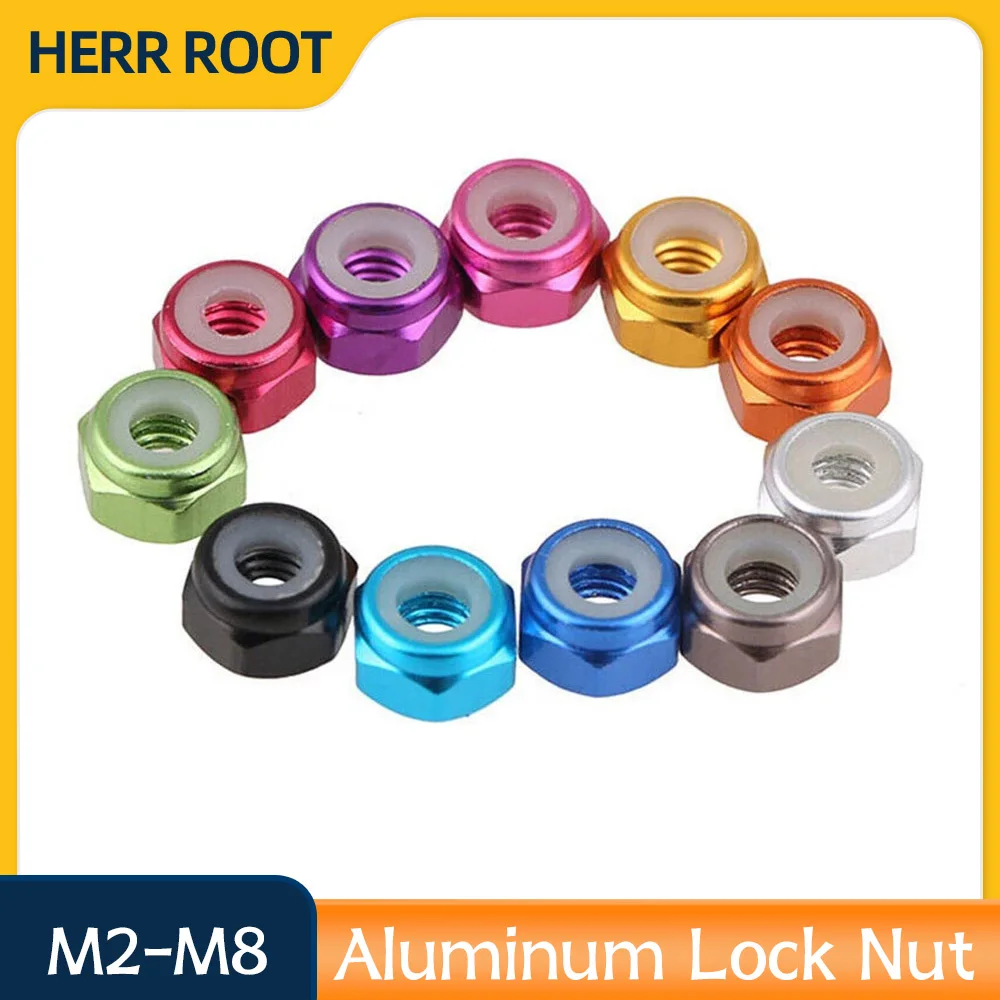 Anodized Aluminum Alloy Nylon Lock Nut Hexagon Self-Locking Nut M2 M3 M4 M5 M6 M8 Anti-Loose Nylock Nuts Red Blue Gold Black