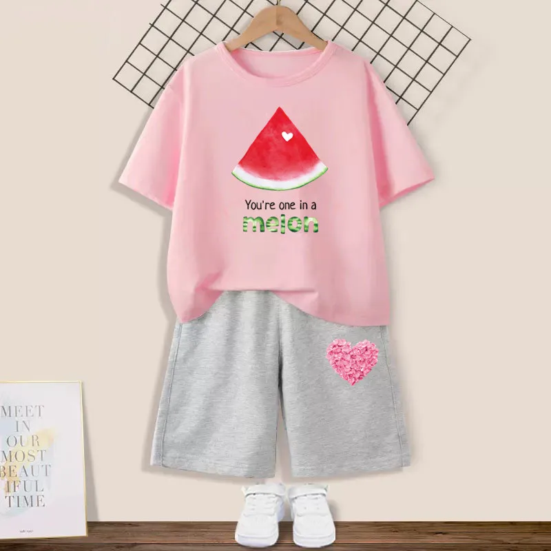 Fashion 2pcs Baby Girl's Short Sleeve Suit Fruit Watermelon Print Sets Kids T-shirts +shorts Clothing Princess Girl Outfits