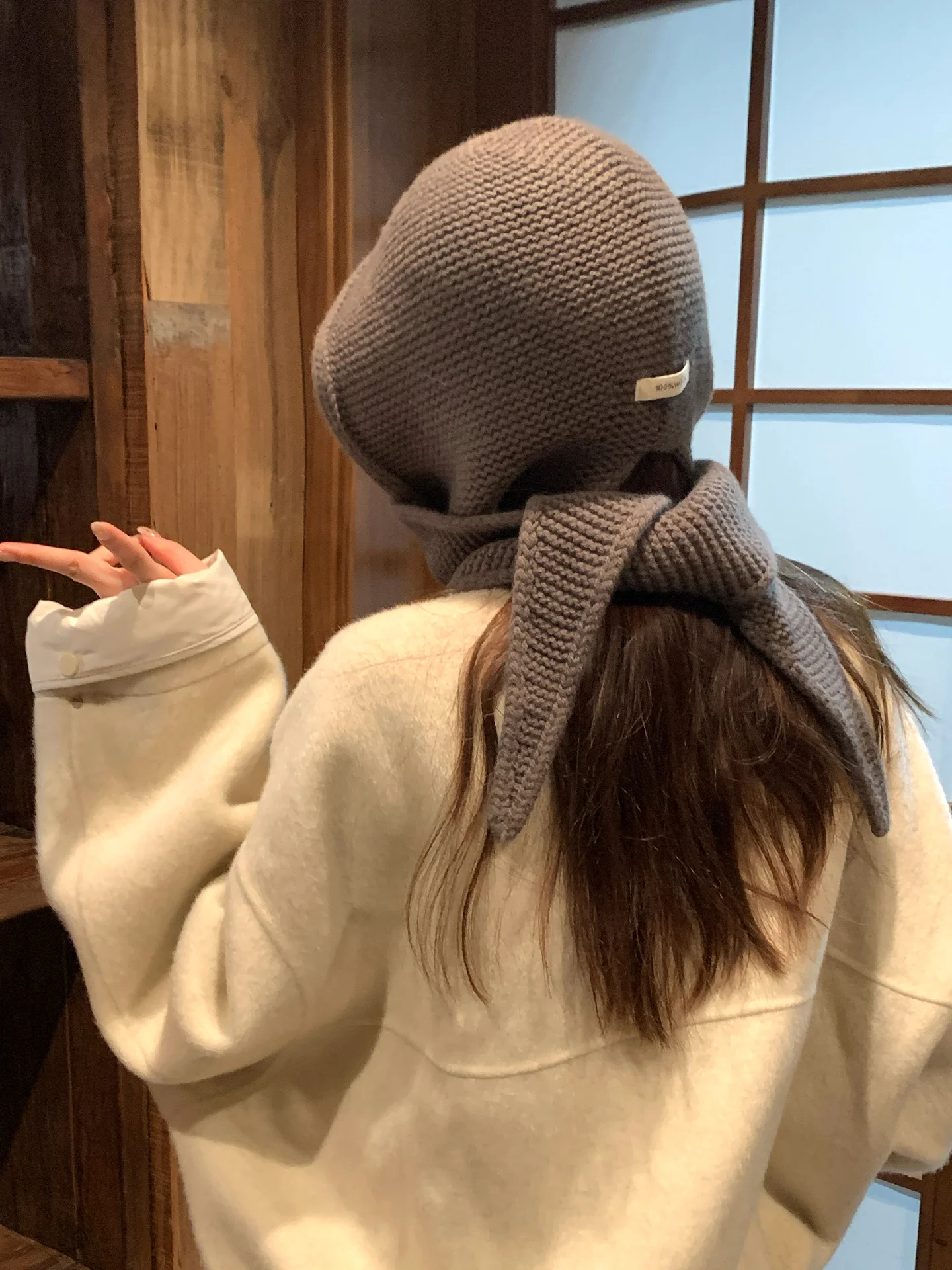 

Серая вязаная Балаклава из чистой шерсти для женщин, зимняя теплая шапка-ушанка с шарфом