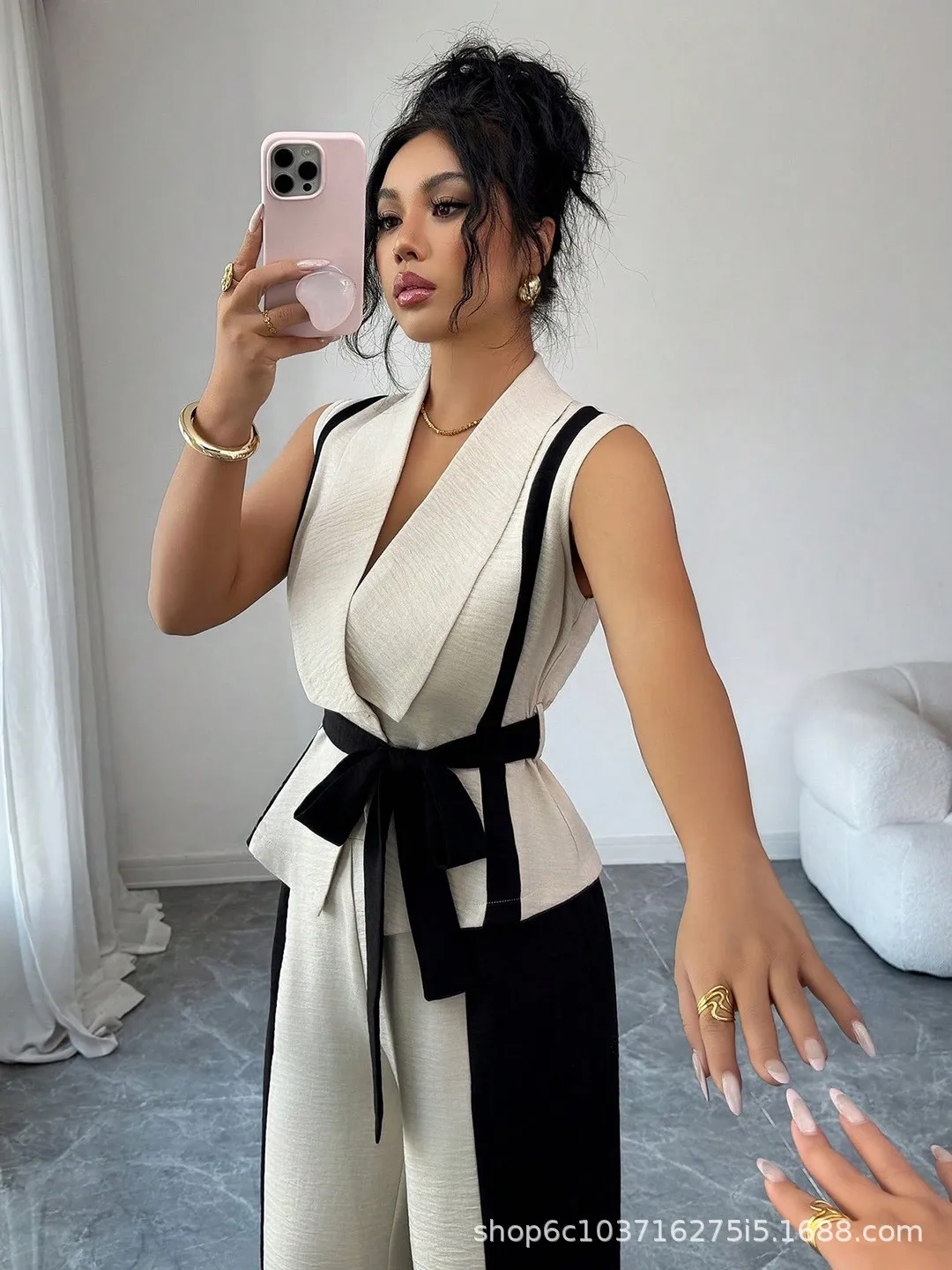 

Summer Suit Pants Sleeveless V Neck Vest Trousers High Waist Pleated Wide Leg Pants Black And White Self Tie Belt Long Pants