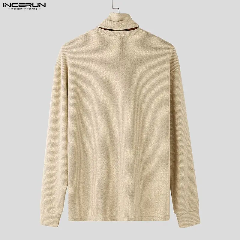 INCERUN Kemeja Pria Warna Solid Kerah O Lengan Panjang Pakaian Pria dengan Dasi Pakaian Jalanan Rajutan Longgar Fashion Kasual Atasan Camisas 2026