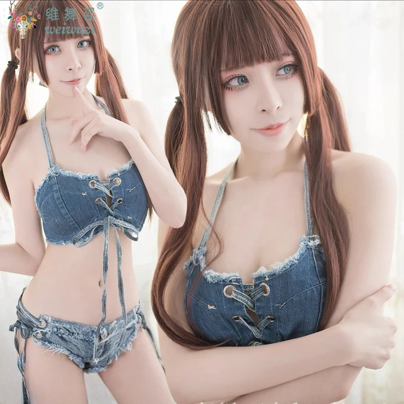 

2026 New Women's Denim Halter Top Suit Sexy Spicy Girl Backless DJ Jazz Dance DS Stage Jeans Nightclub Mini Shorts Flirting Sets