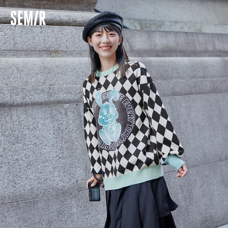 Semir Knit Sweater Women Checkered Rabbit Contrast Color Loose 2024 New Autumn Design Sense Cute Round Neck Sweater