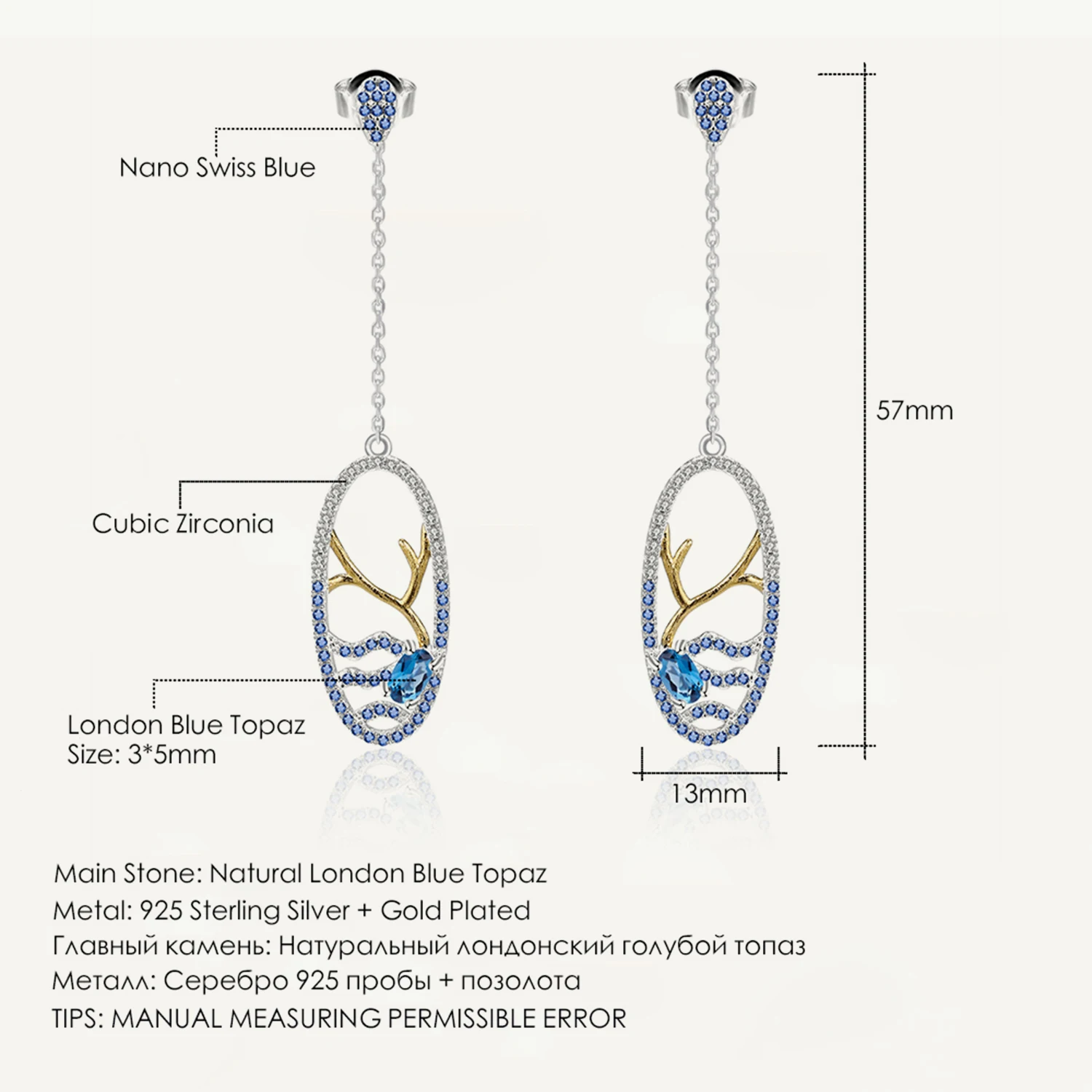 

GEM'S BALLET 925 Sterling Silver 0.56Ct Natural London Blue Topaz Gemstone Drop Earrings Branches Water for Women Fine Jewelry